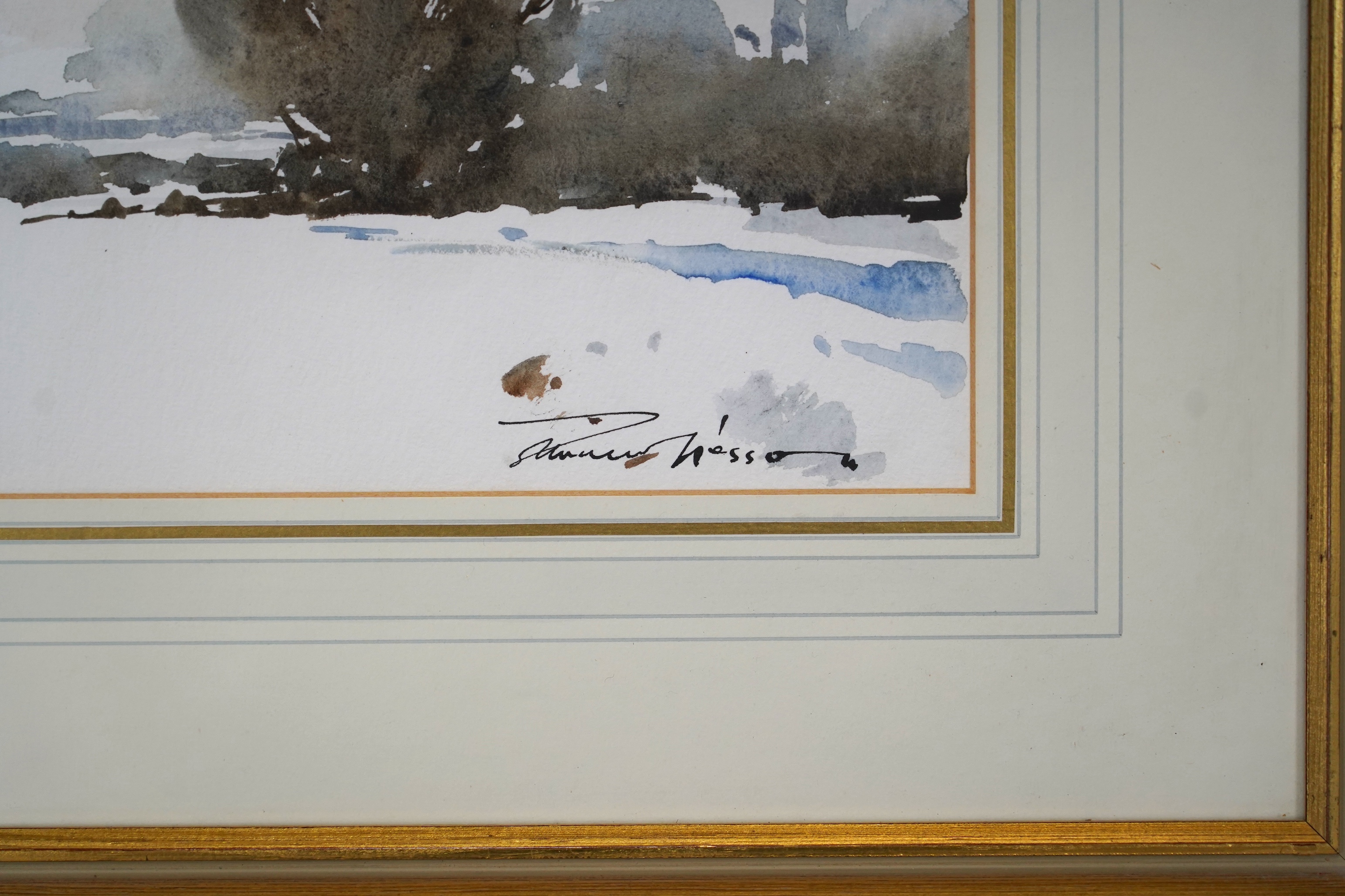 Edward Wesson (1910-1983), watercolour, 'Snow in January', signed, Fine Art label verso, 25 x 34cm